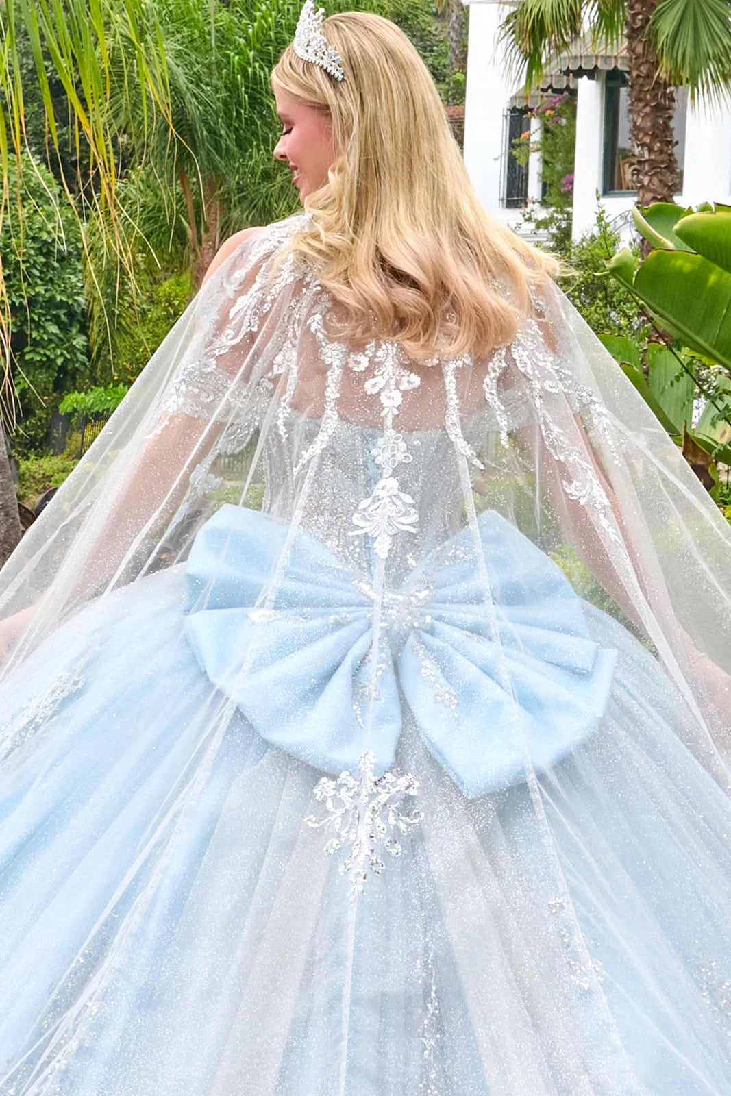 Detachable Off Shoulder Straps V Neckline Ball Gown Train With Detachable Bow Tie Able Cape