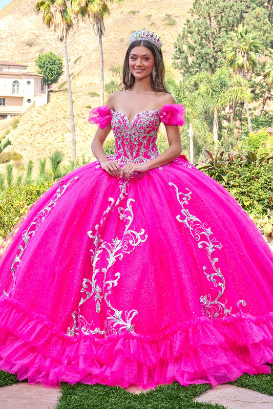 3d Butterfly Applique Off Shoulder Puff Sleeves V Neckline Ball Gown Train With Detachable Bow