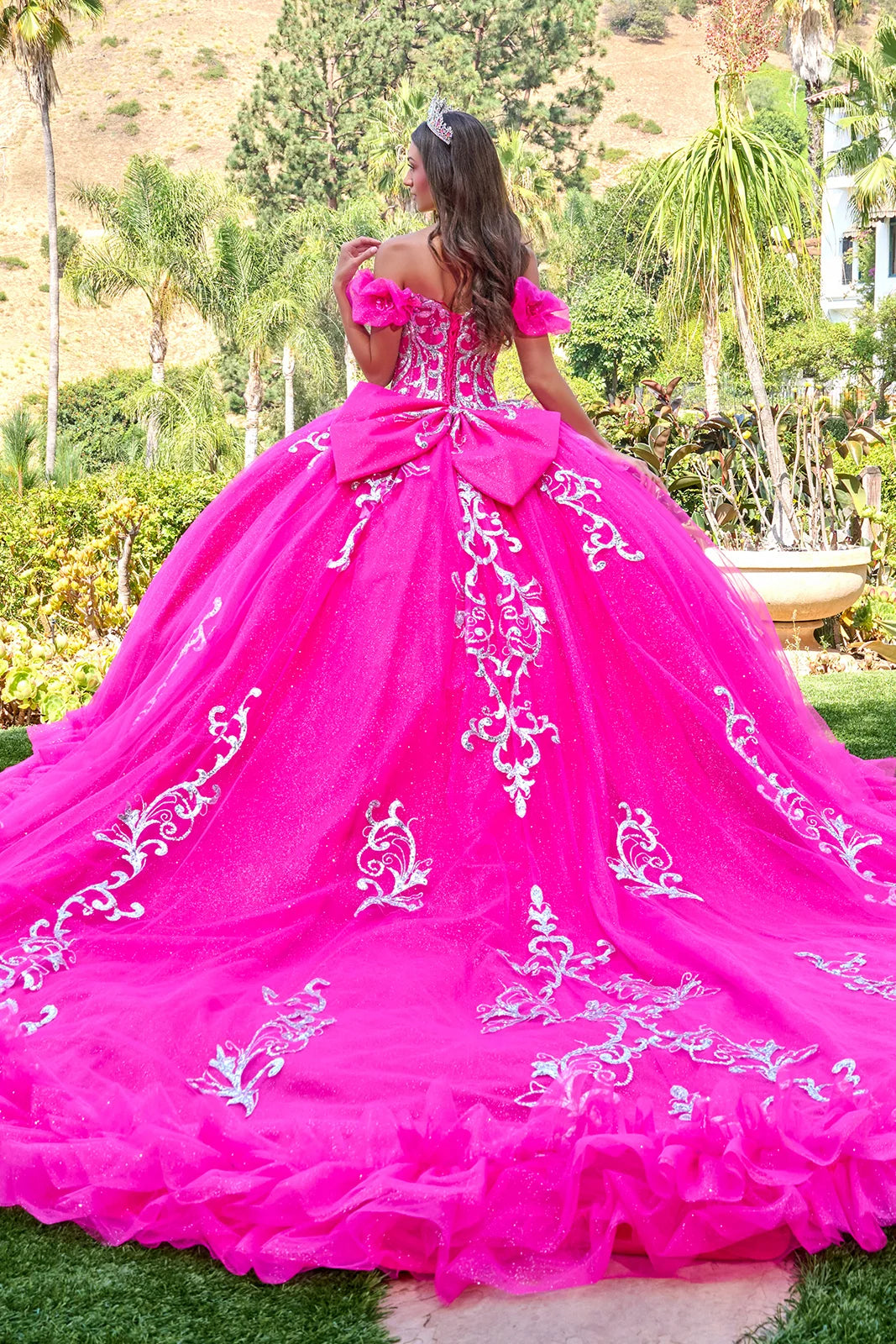 3d Butterfly Applique Off Shoulder Puff Sleeves V Neckline Ball Gown Train With Detachable Bow