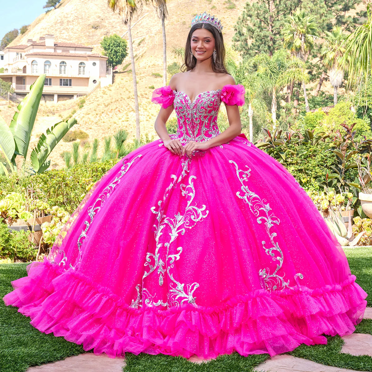 3d Butterfly Applique Off Shoulder Puff Sleeves V Neckline Ball Gown Train With Detachable Bow