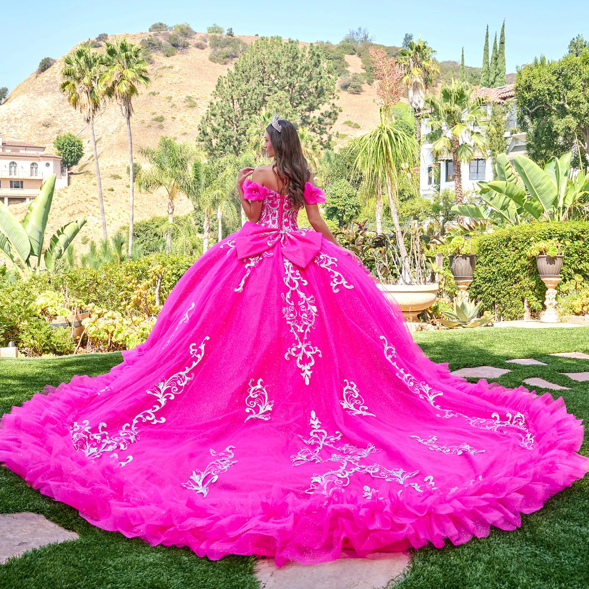 3d Butterfly Applique Off Shoulder Puff Sleeves V Neckline Ball Gown Train With Detachable Bow