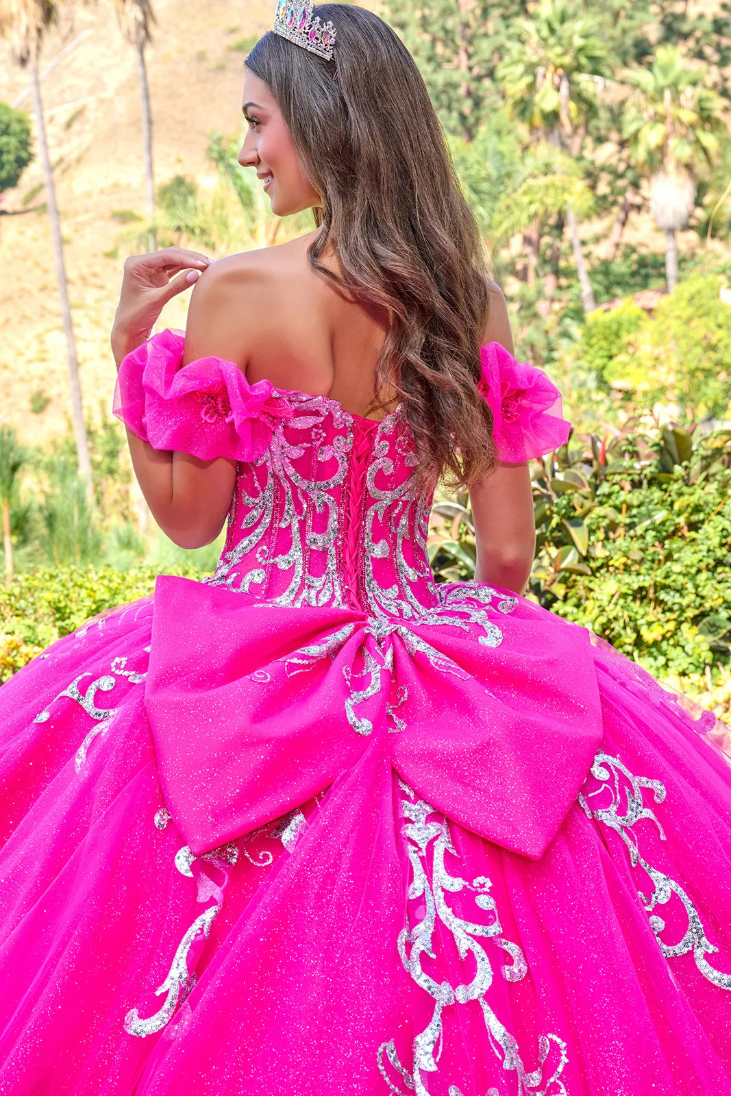 3d Butterfly Applique Off Shoulder Puff Sleeves V Neckline Ball Gown Train With Detachable Bow