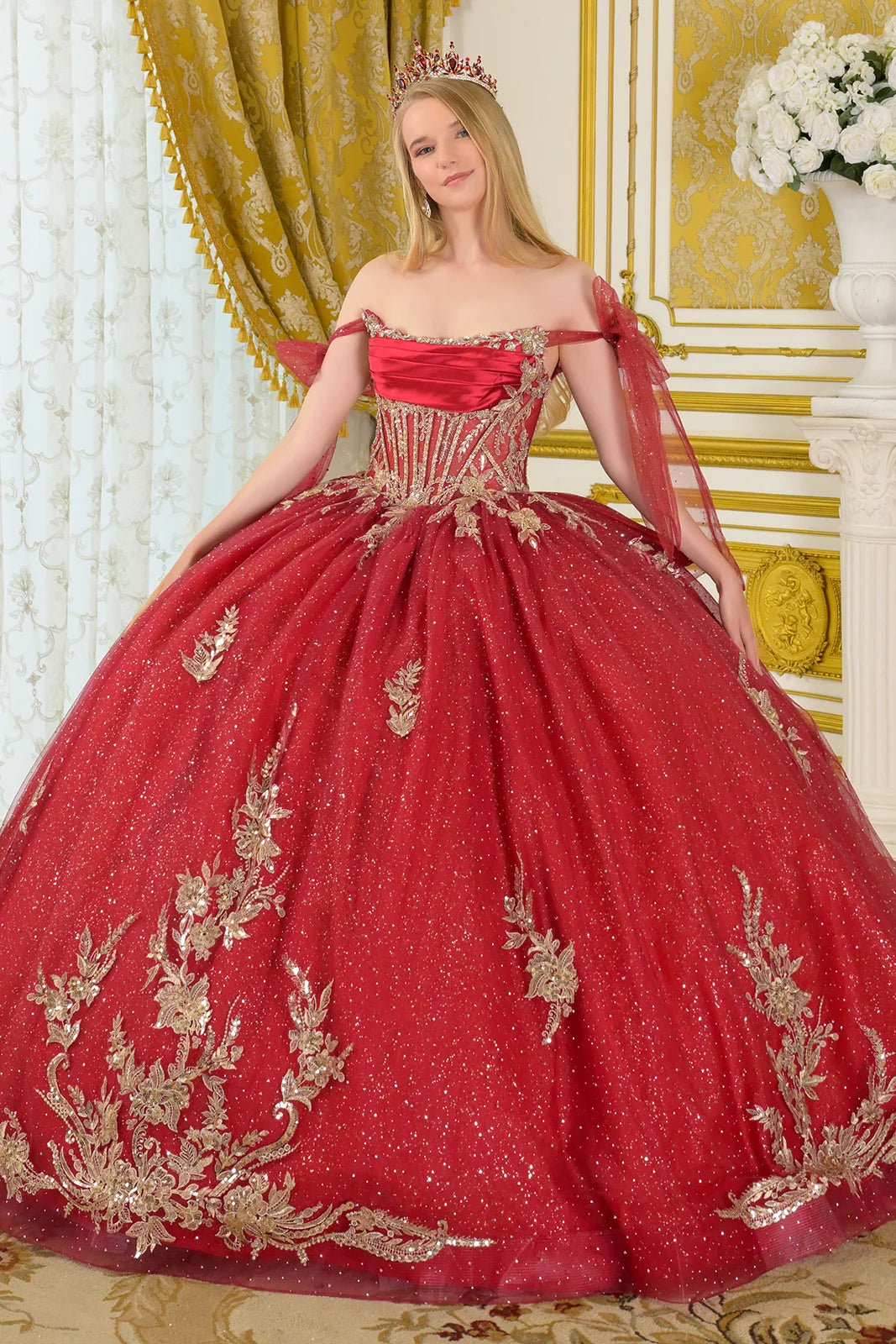 Tie Able Off Shoulder Straps Boat Neckline Pleat Detail Bodice Ball Gown Train With Detachable Back