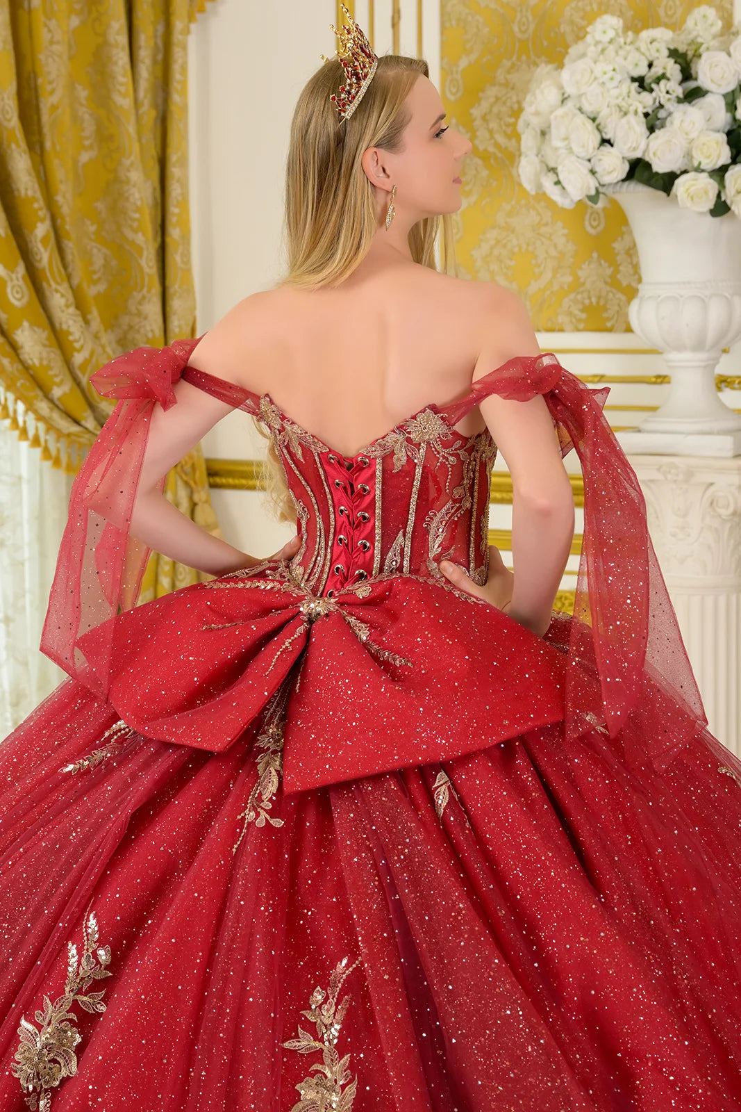 Tie Able Off Shoulder Straps Boat Neckline Pleat Detail Bodice Ball Gown Train With Detachable Back