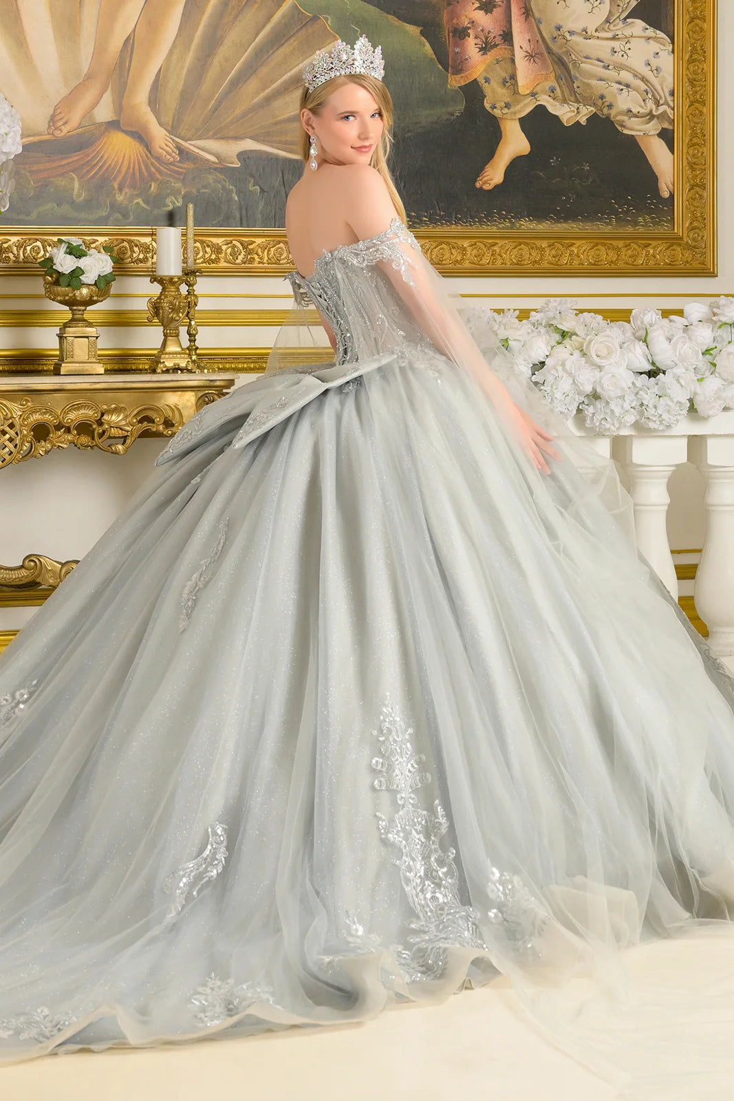 Detachable Off Shoulder Cape Sleeves W Neckline Corset Bodice Ball Gown Train With Detachable Bow