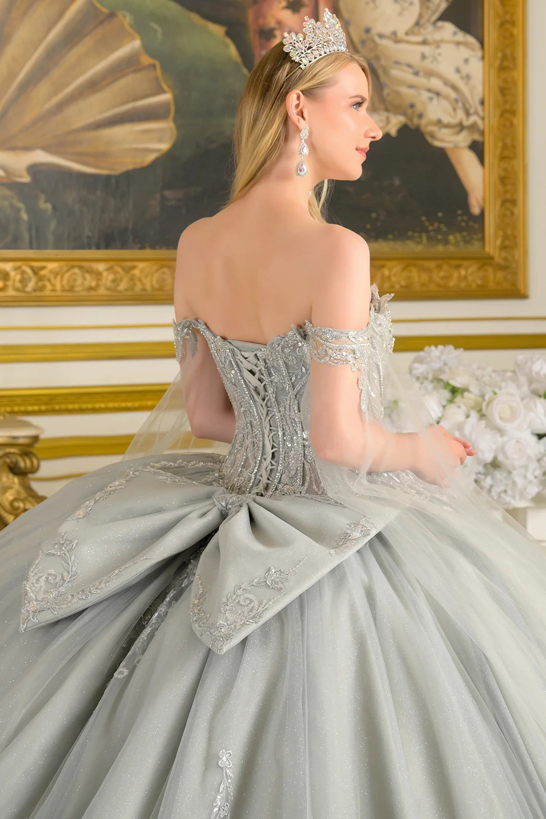 Detachable Off Shoulder Cape Sleeves W Neckline Corset Bodice Ball Gown Train With Detachable Bow
