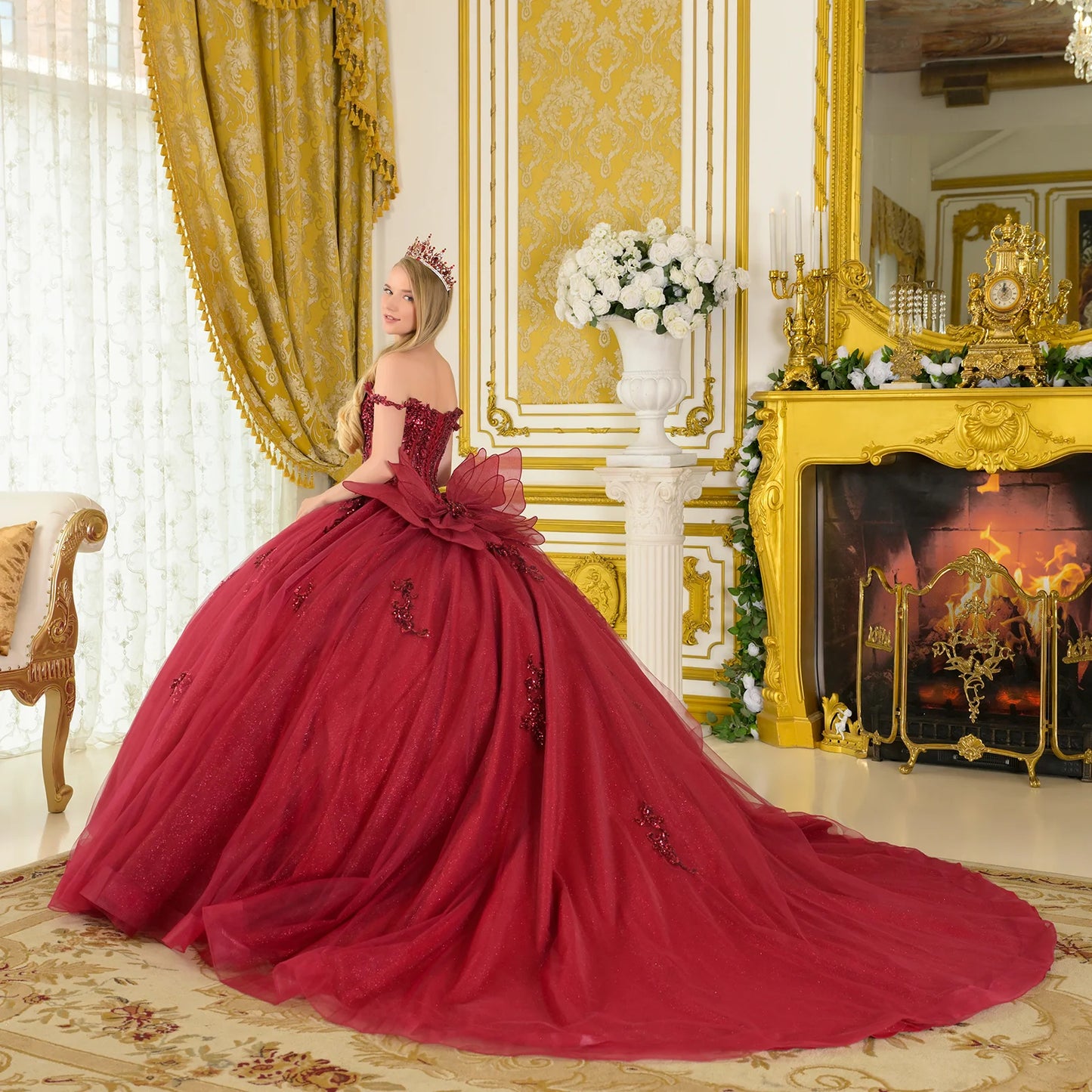 Embellished Thin Straps V Neckline Glitter Underlayer Train Ball Gown With Detachable Butterfly Bow
