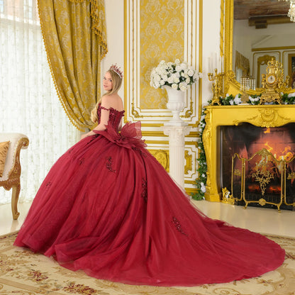 Embellished Thin Straps V Neckline Glitter Underlayer Train Ball Gown With Detachable Butterfly Bow