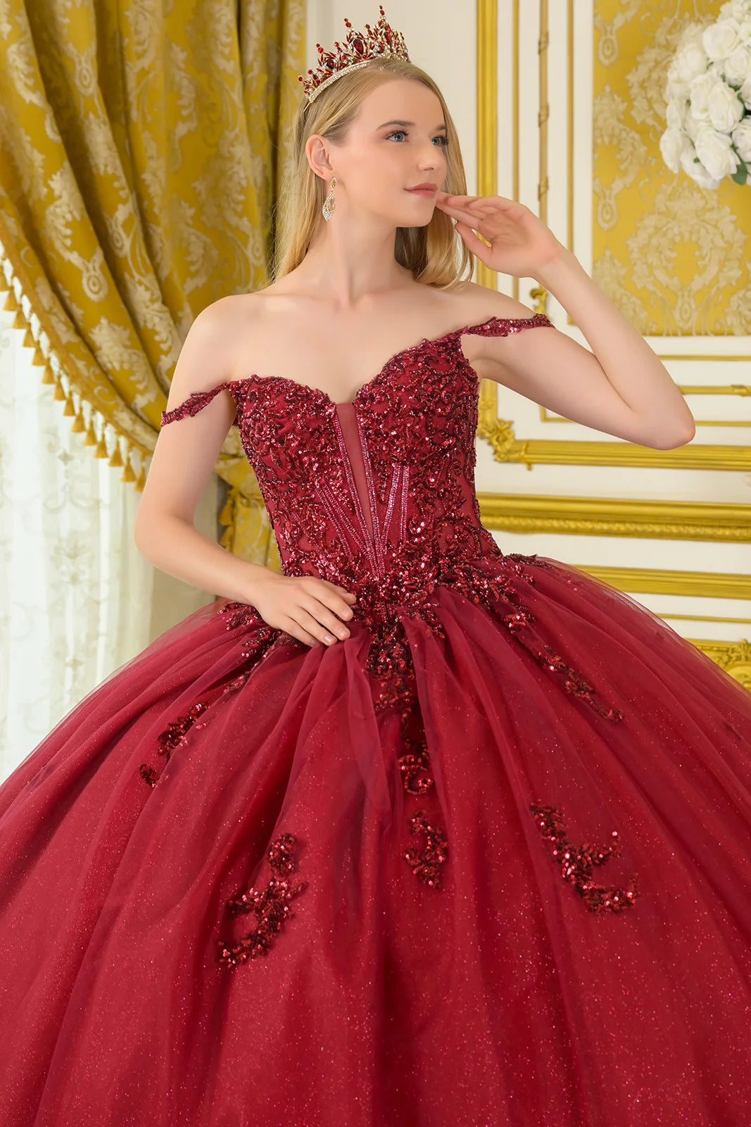 Embellished Thin Straps V Neckline Glitter Underlayer Train Ball Gown With Detachable Butterfly Bow