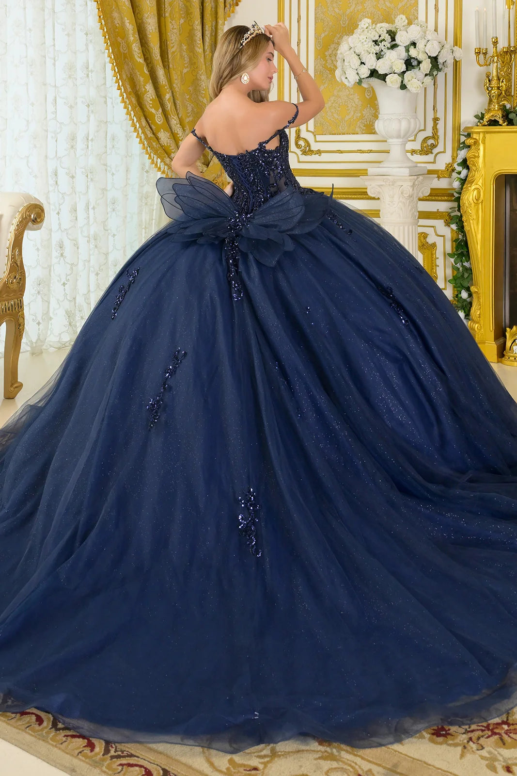 Embellished Thin Straps V Neckline Glitter Underlayer Train Ball Gown With Detachable Butterfly Bow