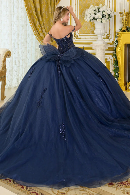 Embellished Thin Straps V Neckline Glitter Underlayer Train Ball Gown With Detachable Butterfly Bow