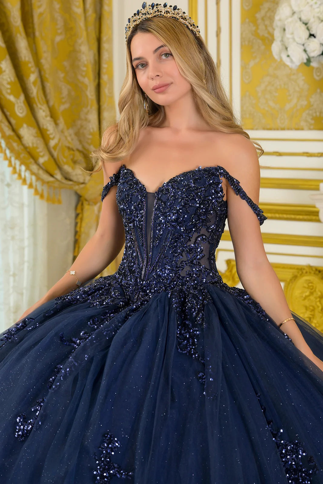Embellished Thin Straps V Neckline Glitter Underlayer Train Ball Gown With Detachable Butterfly Bow