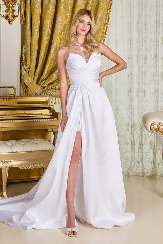 Wedding Dress With Clean Lines And Defined Structure, Strapless Bodice With V-Neck