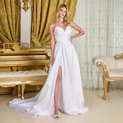 Wedding Dress With Clean Lines And Defined Structure, Strapless Bodice With V-Neck