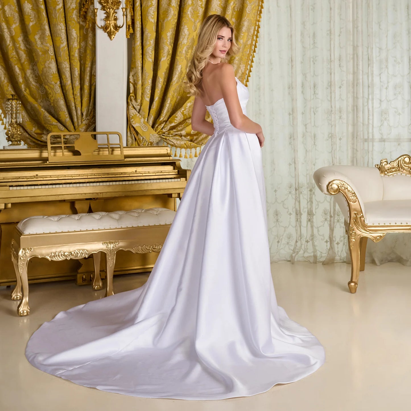 Wedding Dress With Clean Lines And Defined Structure, Strapless Bodice With V-Neck