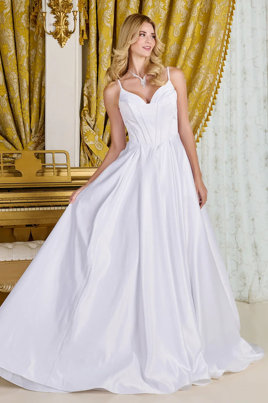 A-line, satin wedding gown spaghetti straps V-neckline