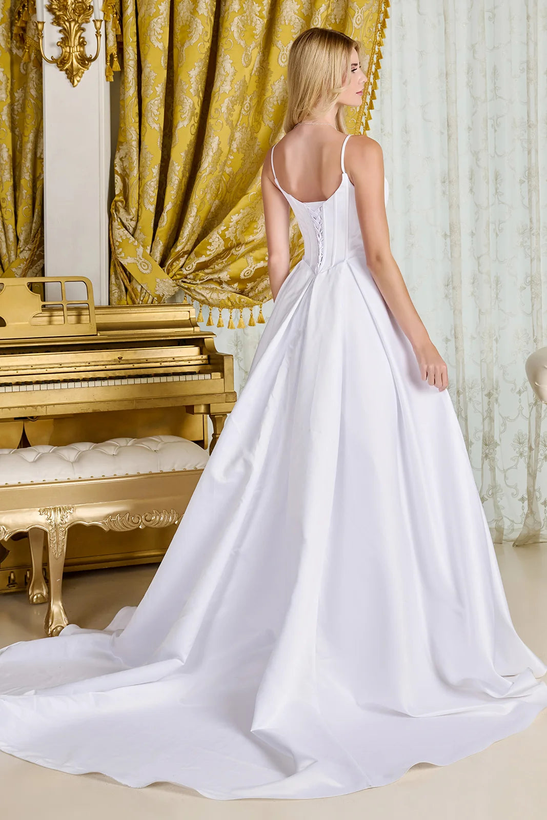 A-line, satin wedding gown spaghetti straps V-neckline