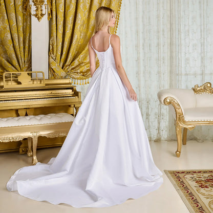 A-line, satin wedding gown spaghetti straps V-neckline