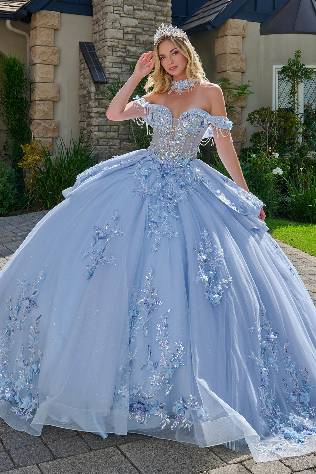 Dangling Beads Fold Over Off Shoulder Straps Waist Ruffle Layers Train Ball Gown With Choker