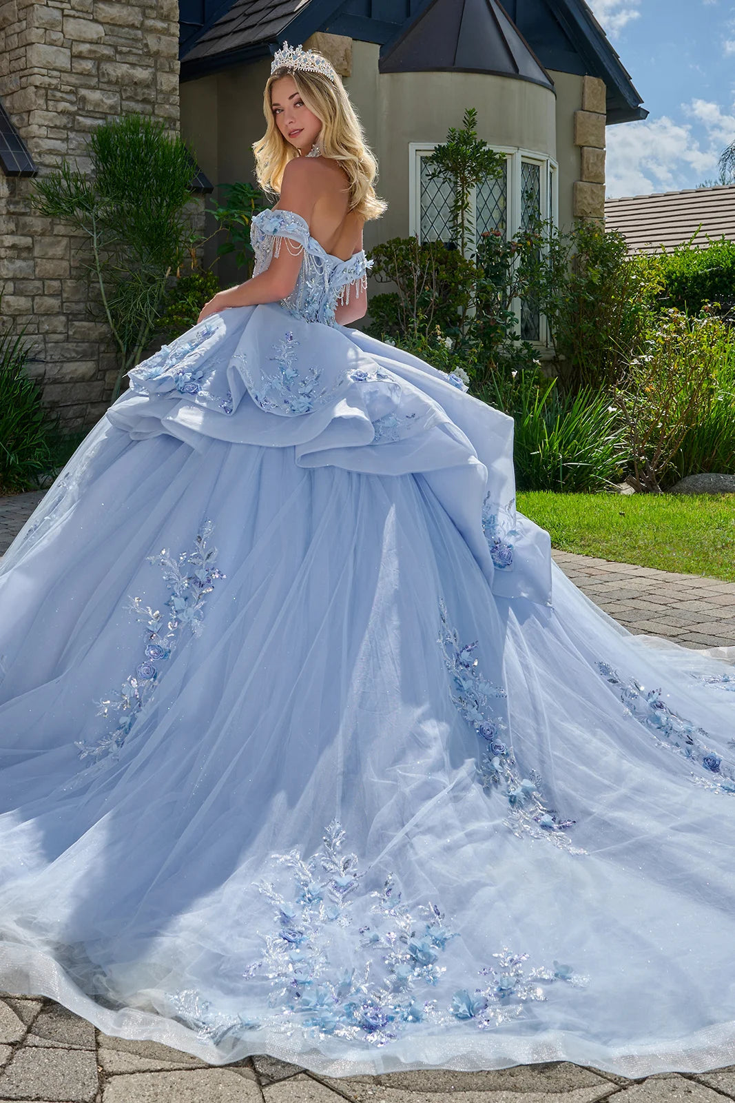 Dangling Beads Fold Over Off Shoulder Straps Waist Ruffle Layers Train Ball Gown With Choker