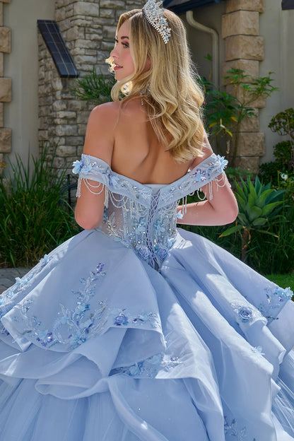 Dangling Beads Fold Over Off Shoulder Straps Waist Ruffle Layers Train Ball Gown With Choker