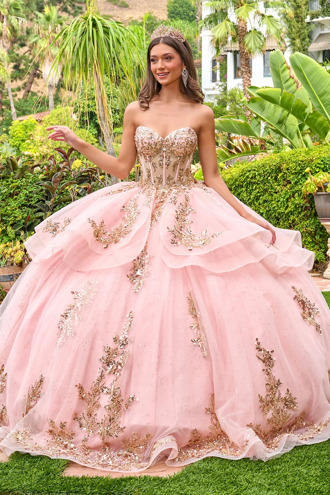 Strapless Sweetheart Neckline High Low Waist Ruffle Layers Train Ball Gown With Metal Grommets
