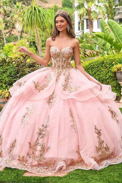 Strapless Sweetheart Neckline High Low Waist Ruffle Layers Train Ball Gown With Metal Grommets