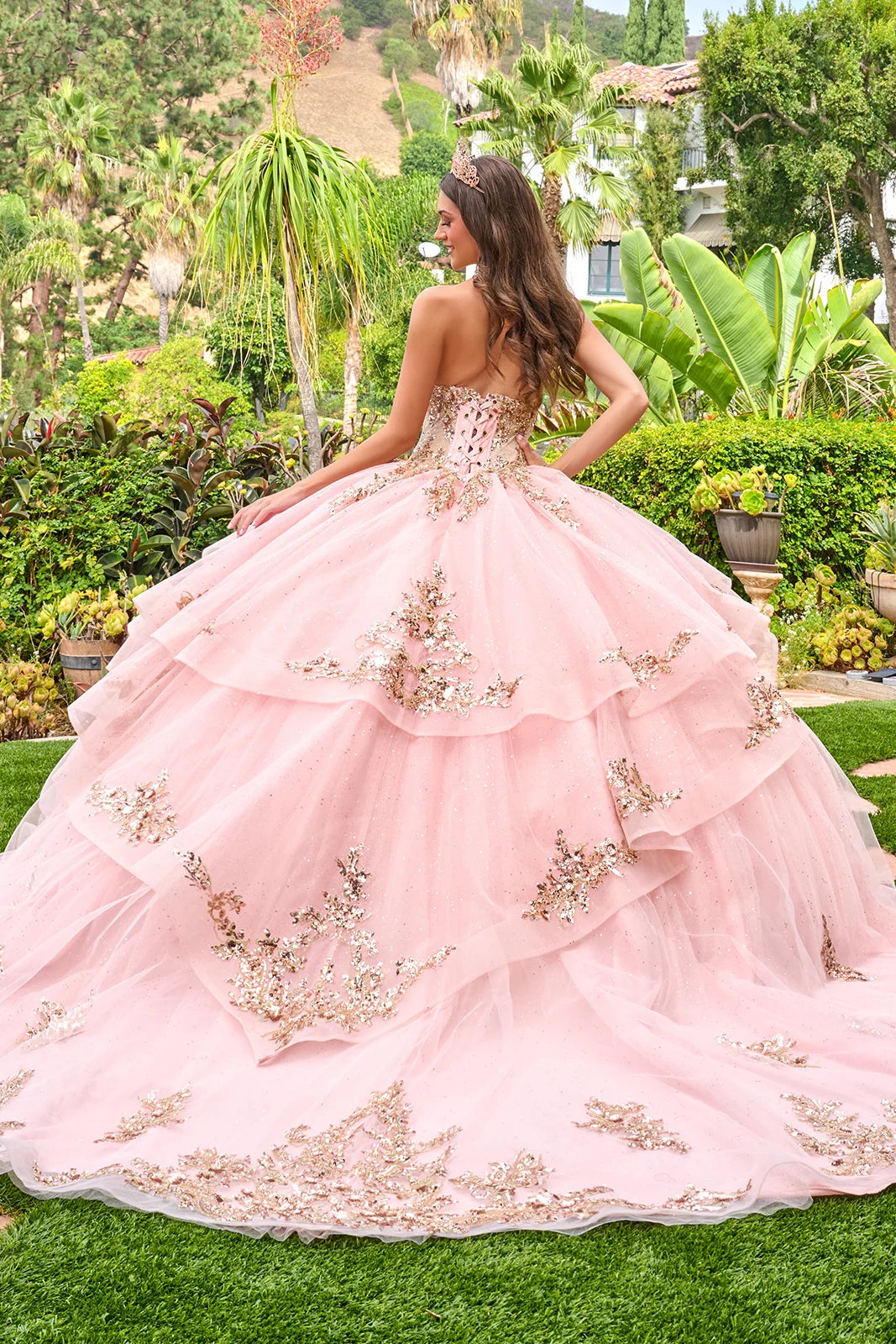 Strapless Sweetheart Neckline High Low Waist Ruffle Layers Train Ball Gown With Metal Grommets