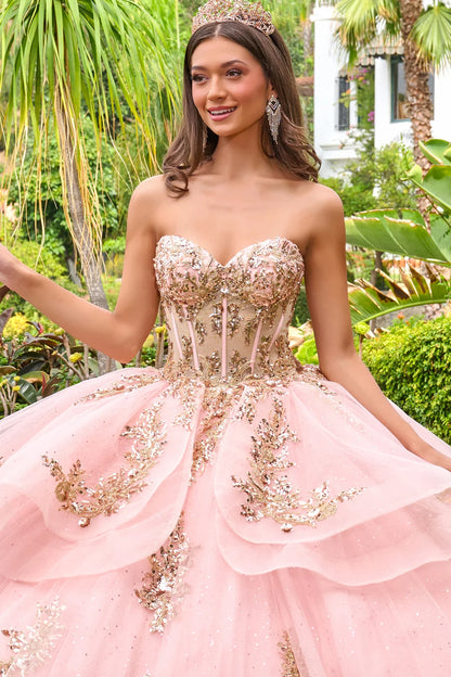 Strapless Sweetheart Neckline High Low Waist Ruffle Layers Train Ball Gown With Metal Grommets