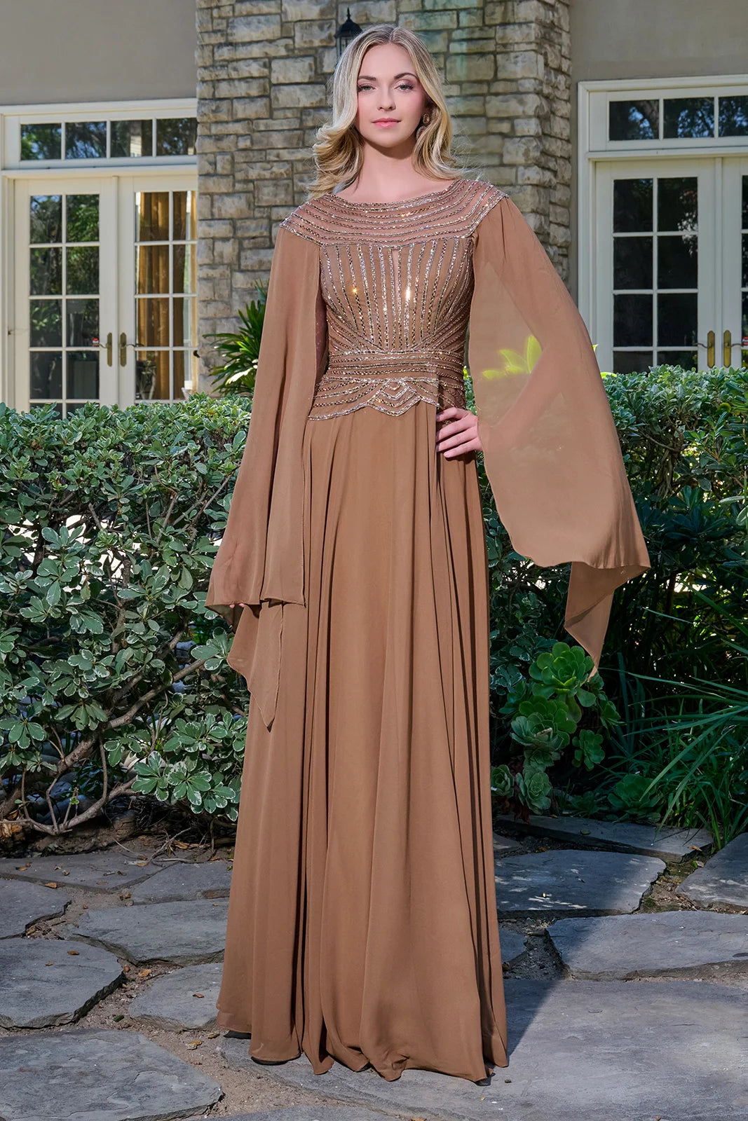 Scoop Neckline Short Raglan Cape Sleeves Bejeweled Bodice Chiffon Skirt A Line Dress