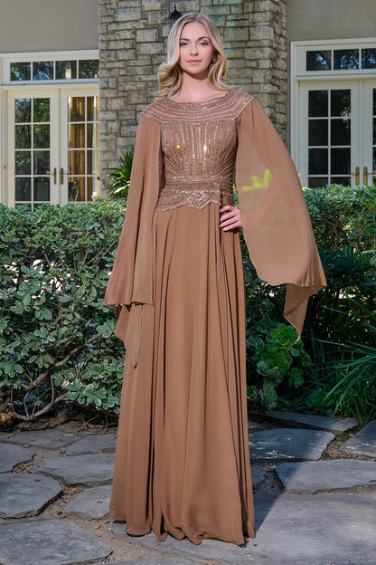 Scoop Neckline Short Raglan Cape Sleeves Bejeweled Bodice Chiffon Skirt A Line Dress