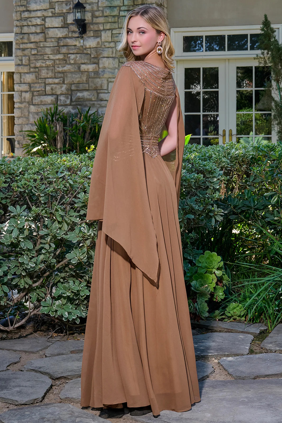 Scoop Neckline Short Raglan Cape Sleeves Bejeweled Bodice Chiffon Skirt A Line Dress
