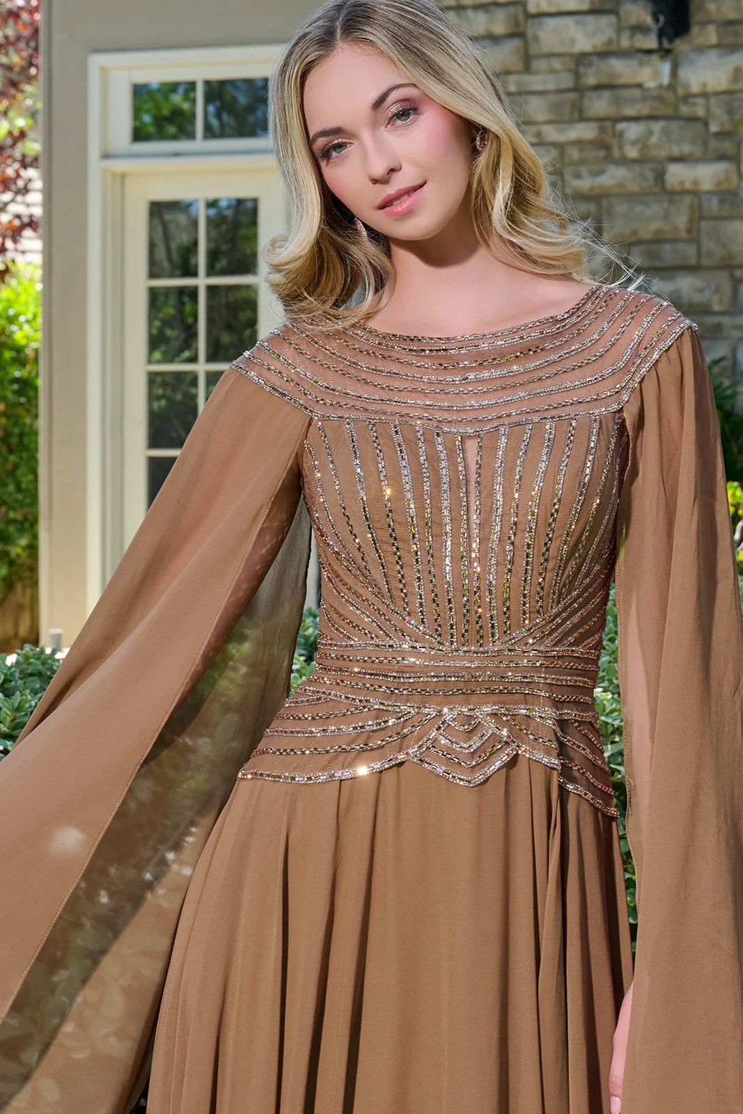 Scoop Neckline Short Raglan Cape Sleeves Bejeweled Bodice Chiffon Skirt A Line Dress