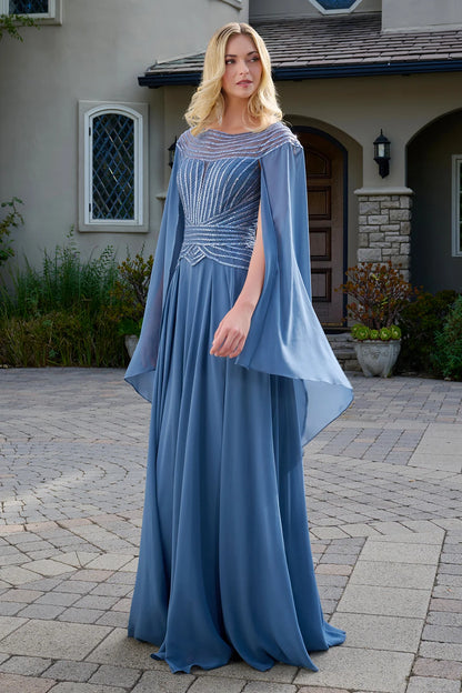 Scoop Neckline Short Raglan Cape Sleeves Bejeweled Bodice Chiffon Skirt A Line Dress