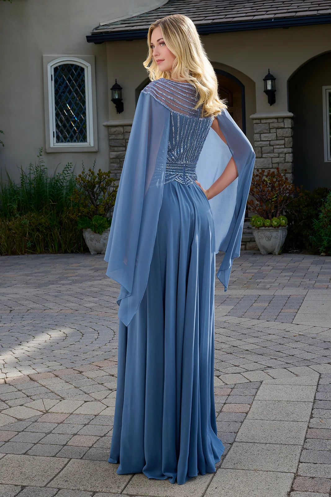 Scoop Neckline Short Raglan Cape Sleeves Bejeweled Bodice Chiffon Skirt A Line Dress
