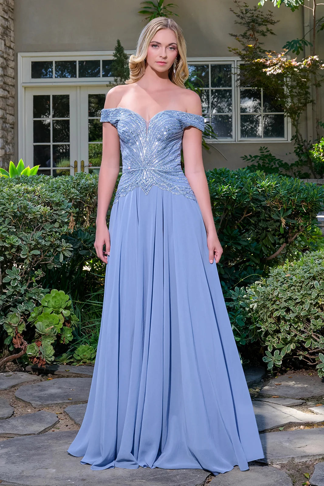 Off Shoulder Straps V Neckline Bejeweled Bodice Chiffon Skirt A Line Zipper Dress