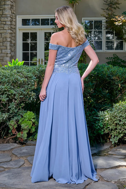 Off Shoulder Straps V Neckline Bejeweled Bodice Chiffon Skirt A Line Zipper Dress