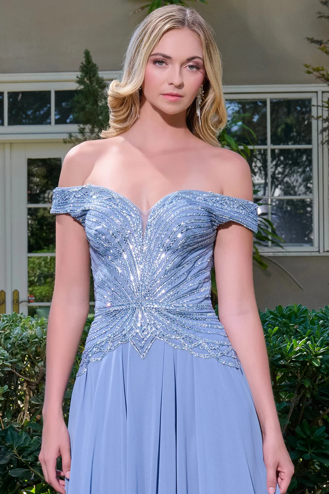 Off Shoulder Straps V Neckline Bejeweled Bodice Chiffon Skirt A Line Zipper Dress
