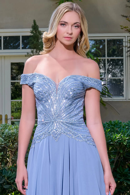 Off Shoulder Straps V Neckline Bejeweled Bodice Chiffon Skirt A Line Zipper Dress