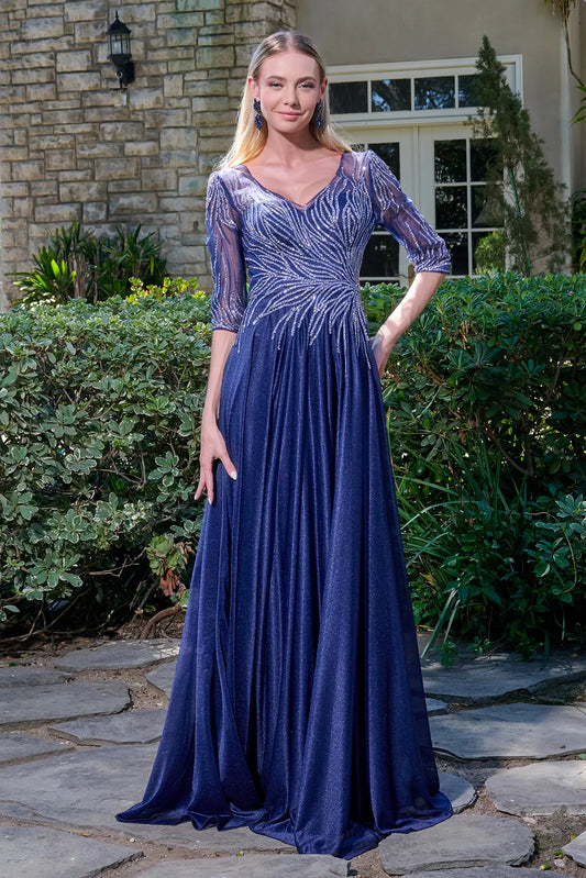 2 Sleeves V Neckline Mesh Bodice Metallic Jersey Skirt Keyhole Zipper Back A Line Dress