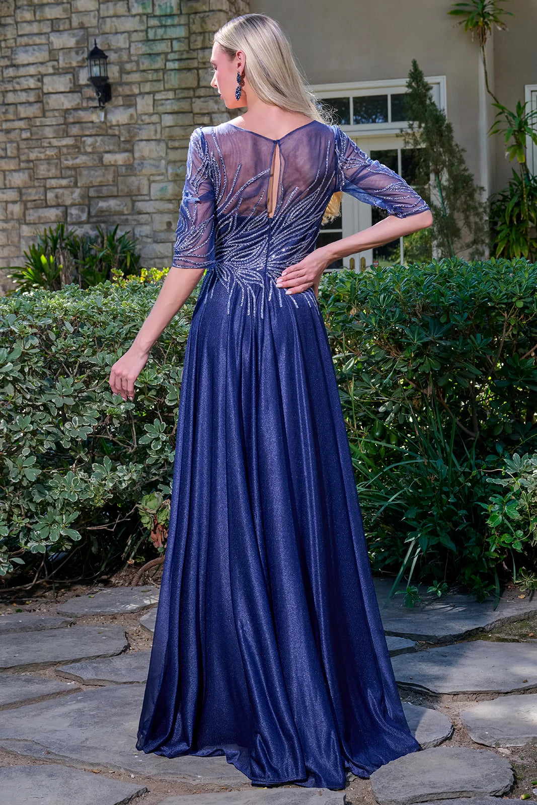2 Sleeves V Neckline Mesh Bodice Metallic Jersey Skirt Keyhole Zipper Back A Line Dress
