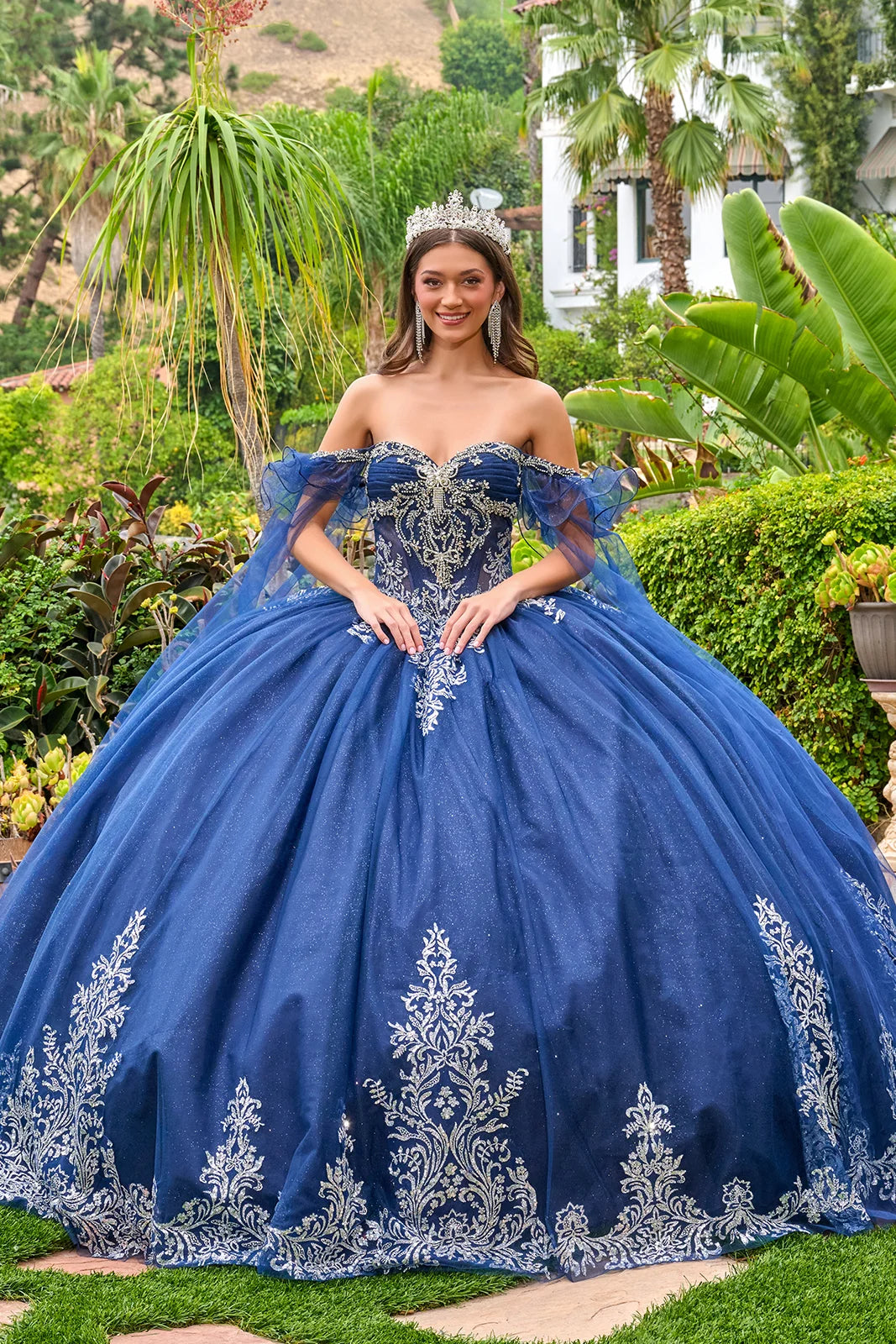 Shoulder Strap With Ruffles Cape Sleeves V Neckline Pleated Bust Corset Bodice Train Ball Gown