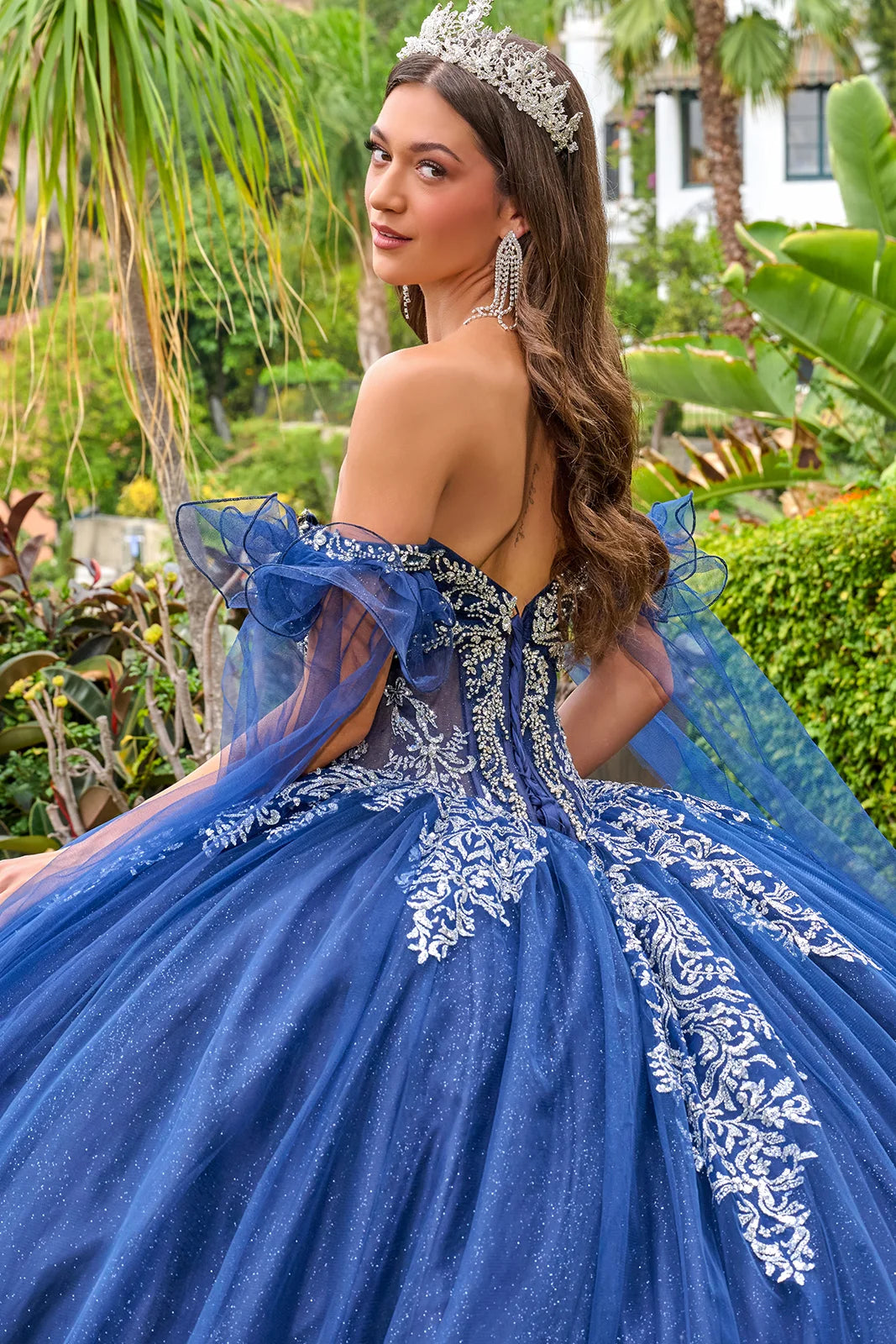 Shoulder Strap With Ruffles Cape Sleeves V Neckline Pleated Bust Corset Bodice Train Ball Gown