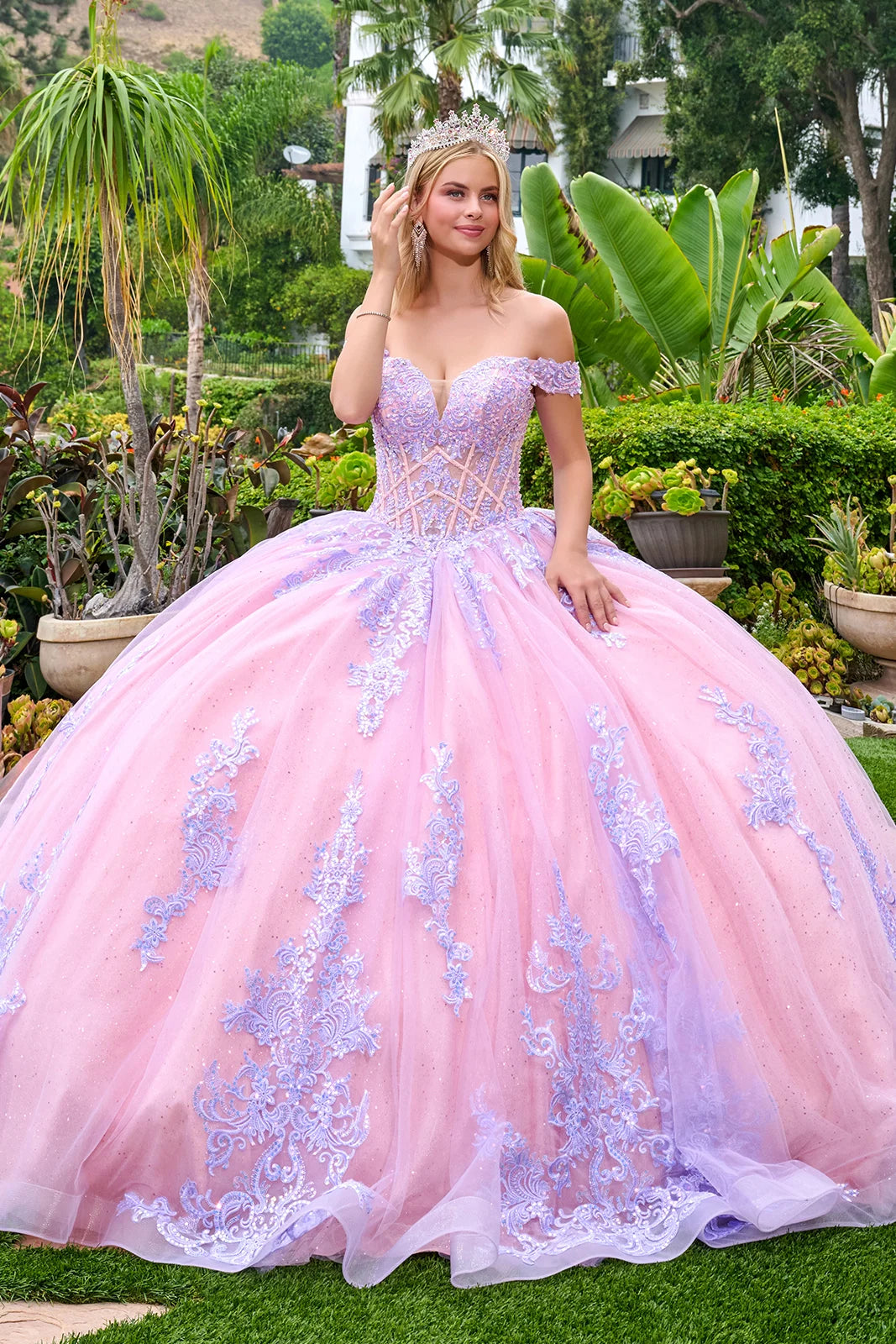 Off Shoulder Straps V Neckline Corset Bodice Glitter Underlayer Train Ball Gown With Detachable Bow