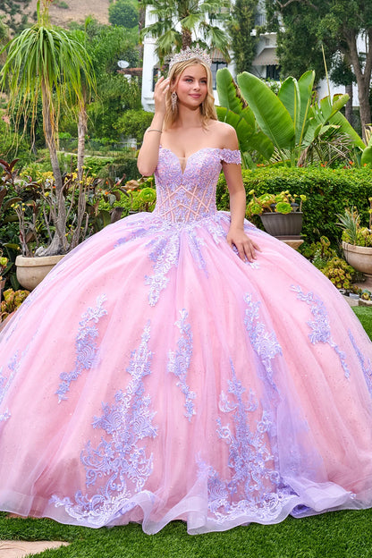 Off Shoulder Straps V Neckline Corset Bodice Glitter Underlayer Train Ball Gown With Detachable Bow