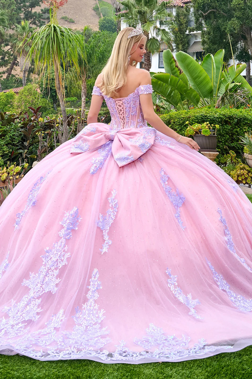 Off Shoulder Straps V Neckline Corset Bodice Glitter Underlayer Train Ball Gown With Detachable Bow