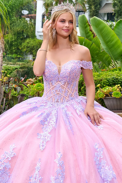 Off Shoulder Straps V Neckline Corset Bodice Glitter Underlayer Train Ball Gown With Detachable Bow