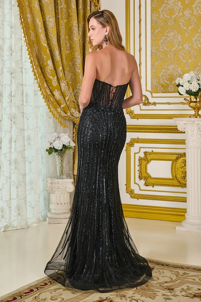 Strapless Bejeweled V Neckline Fabric Detail Corset Bodice Fitted Dress