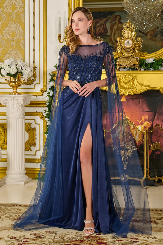 Bejeweled Boat Neckline Cape Sleeves Metallic Jersey Slit Skirt With Trailing Fabric