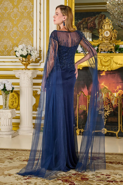 Bejeweled Boat Neckline Cape Sleeves Metallic Jersey Slit Skirt With Trailing Fabric